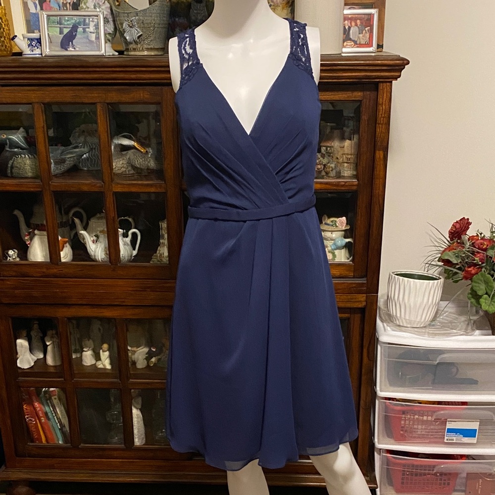 David's Bridal Deep Blue Lace Mini Dress